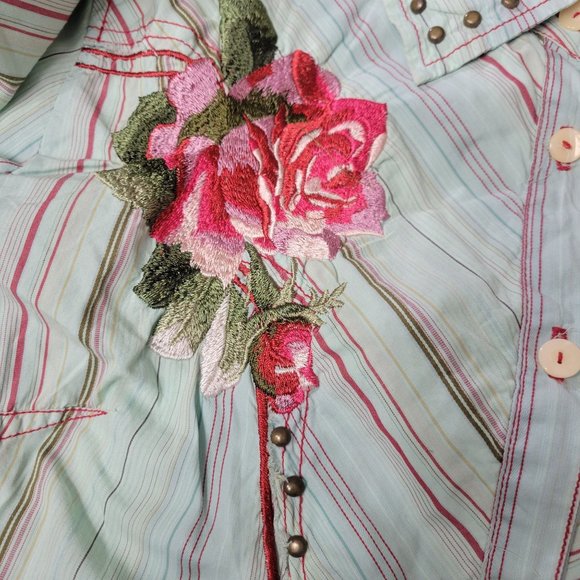Johnny Was Green Striped Floral Embroidered Long Sleeve Button Down Shirt XL - Picture 11 of 12